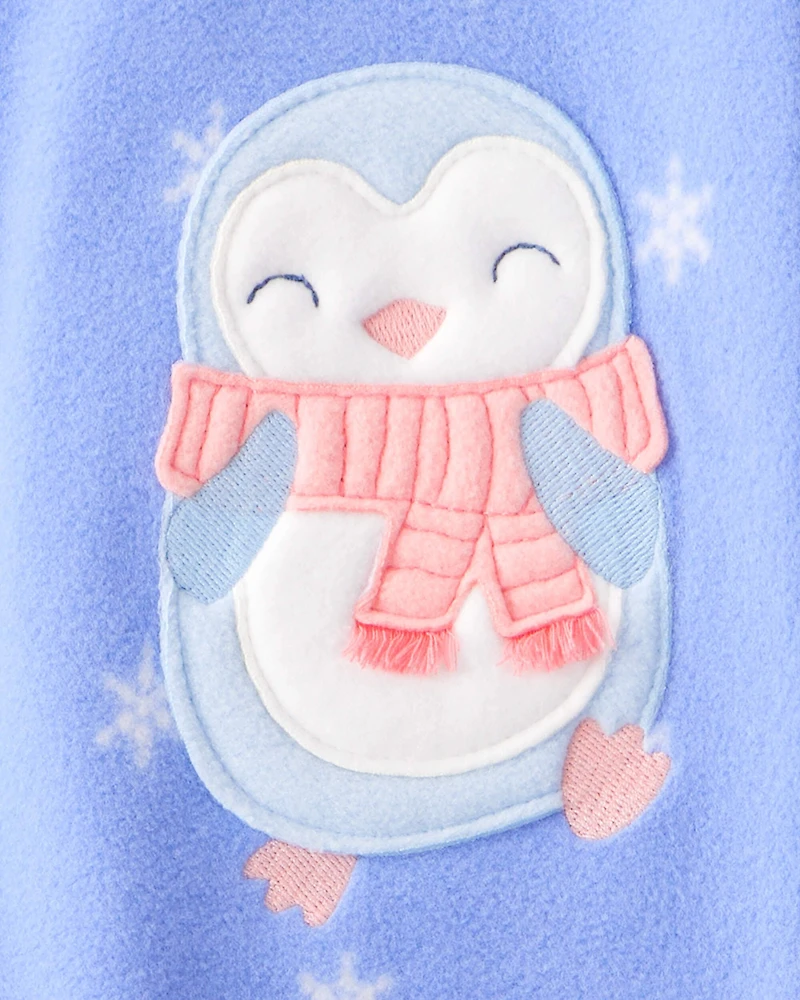 Baby Girl Penguin Print Fleece Long-Sleeve Loose Fit 1-Piece Pajamas - Blue