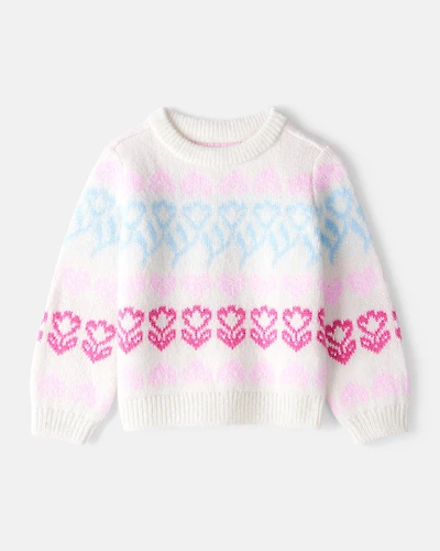 Toddler Girl Floral Fairisle Sweater - Pink/White