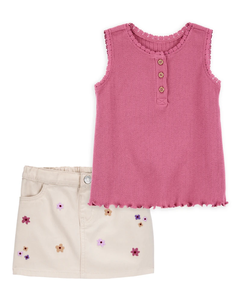 Toddler 2-Piece Rib Tank Top & Floral Twill Skirt Set - Pink/Ivory