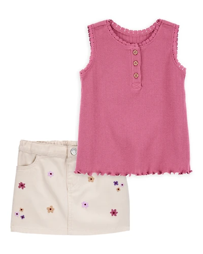 Toddler 2-Piece Rib Tank Top & Floral Twill Skirt Set - Pink/Ivory