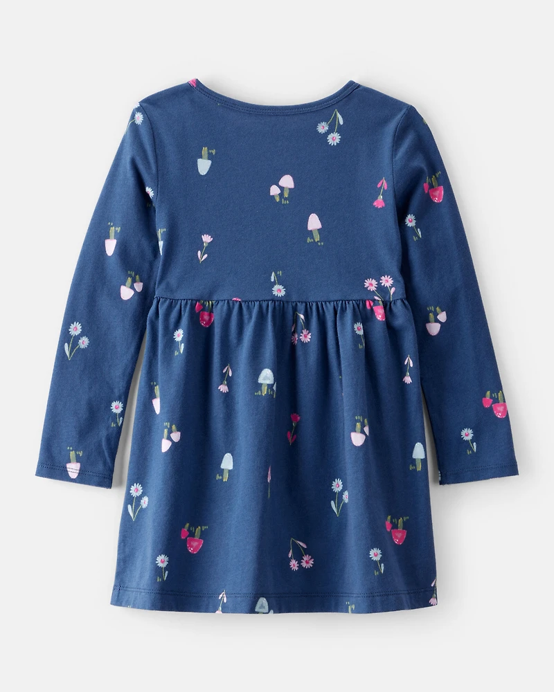 Toddler Girl Mushroom Print Long-Sleeve Cotton Dress - Blue