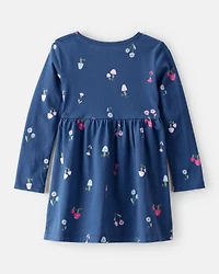 Toddler Girl Mushroom Print Long-Sleeve Cotton Dress - Blue