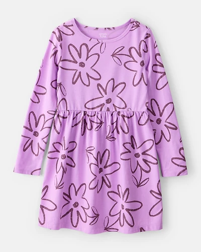 Girls Floral Long-Sleeve Dress - Purple