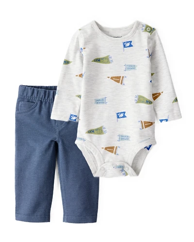 Baby Boy 2-Piece Football Print Bodysuit & Faux Denim Pants Set - Grey/Navy