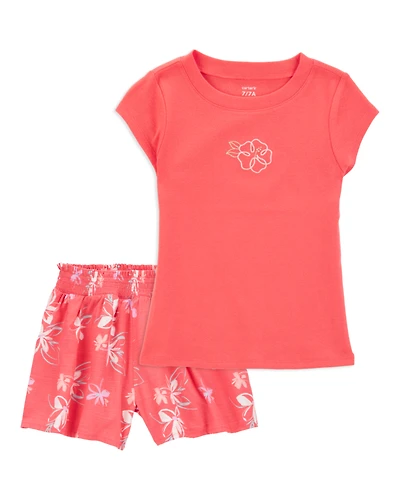 Kid 2-Piece Floral Embroidered Top & Linen Look-Alike Flowy Pull-On Shorts Set - Coral