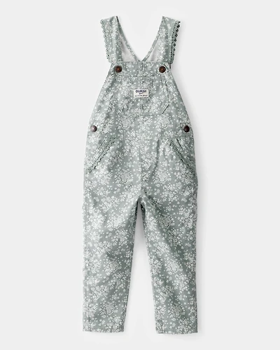 Toddler Lightweight Floral Print Canvas Overalls - Green