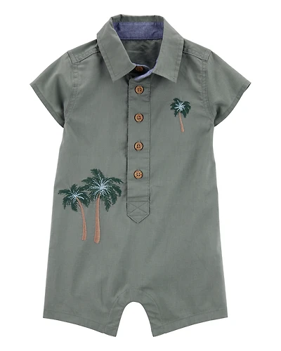 Baby  Palm Tree Print Button-Front Romper-Green