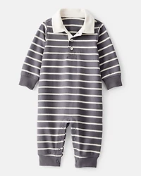 Baby Boy Striped Cotton Long-Sleeve Polo Jumpsuit - Grey/Ivory