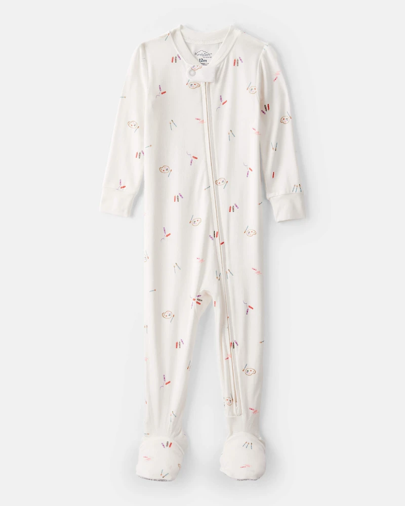 Baby Girl Painting & Coloring Print PurelySoft Long-Sleeve 2-Way Zip 1-Piece Pajamas - Ivory