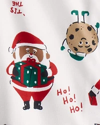 Kid Brown Santa Milk & Cookies Fleece Long-Sleeve Loose Fit 2-Piece Pajamas - White