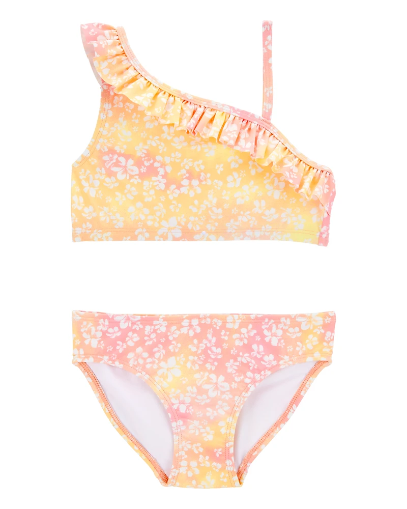 Kid 2-Piece Ruffle Floral Tie-Dye Swim Set - Pink/Yellow