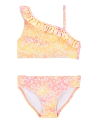 Kid 2-Piece Ruffle Floral Tie-Dye Swim Set - Pink/Yellow