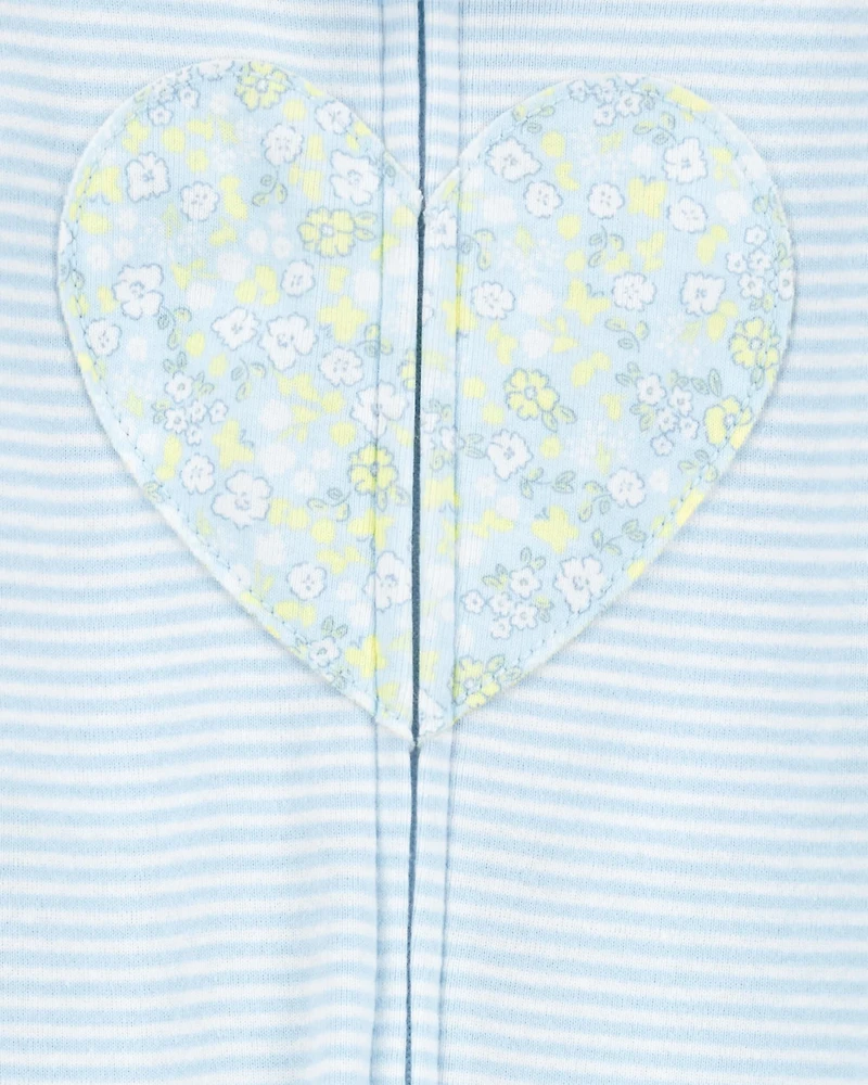Toddler Girl Heart Striped Snug Fit Cotton Footie 1-Piece Pajamas - Blue
