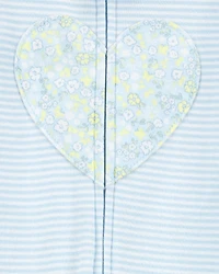 Toddler Girl Heart Striped Snug Fit Cotton Footie 1-Piece Pajamas - Blue