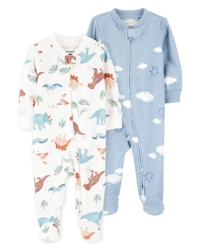 Baby 2-Pack  Cotton 2-Way Zip Sleep & Play Pajamas - Blue/Ivory