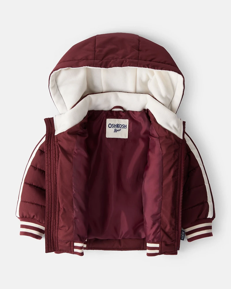 Baby Boy Striped Sleeves Hooded Puffer Jacket - Red