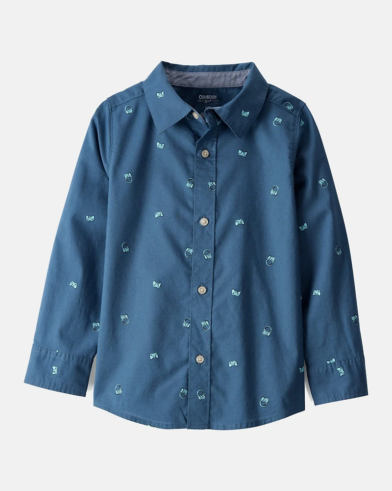 Boys Video Game Print Button-Down Shirt - Blue