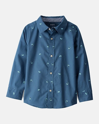 Boys Video Game Print Button-Down Shirt - Blue