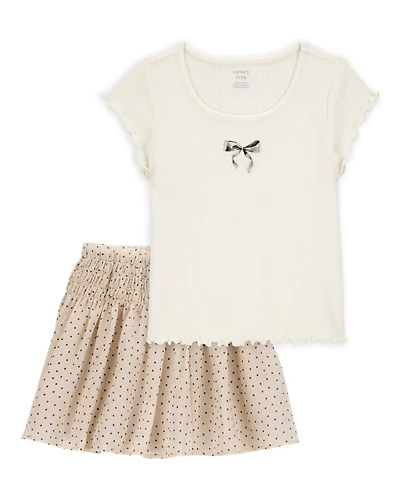 Kid 2-Piece Butterfly Pointelle Tee & Polka Dot Chiffon Skirt Set - Tan/White
