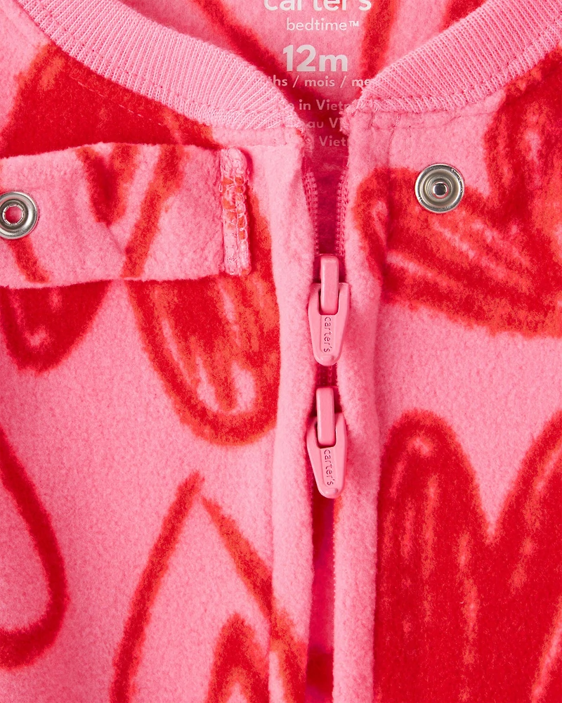 Baby Girl Heart Fleece Long-Sleeve Loose Fit 1-Piece Pajamas - Pink/Red