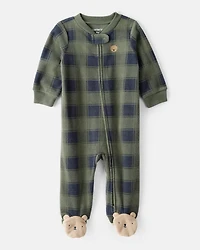 Baby Boy Bear Plaid Print Loose Fit Long-Sleeve Sleep & Play Pajamas - Green