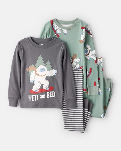 Toddler Boy Yeti Print 100% Cotton Long-Sleeve Snug Fit 4-Piece Pajamas - Grey/Green