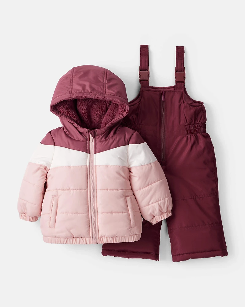 Baby Girl 2-Piece Color Block Hooded Snowsuit Jacket & Bib Set - Pink/Red