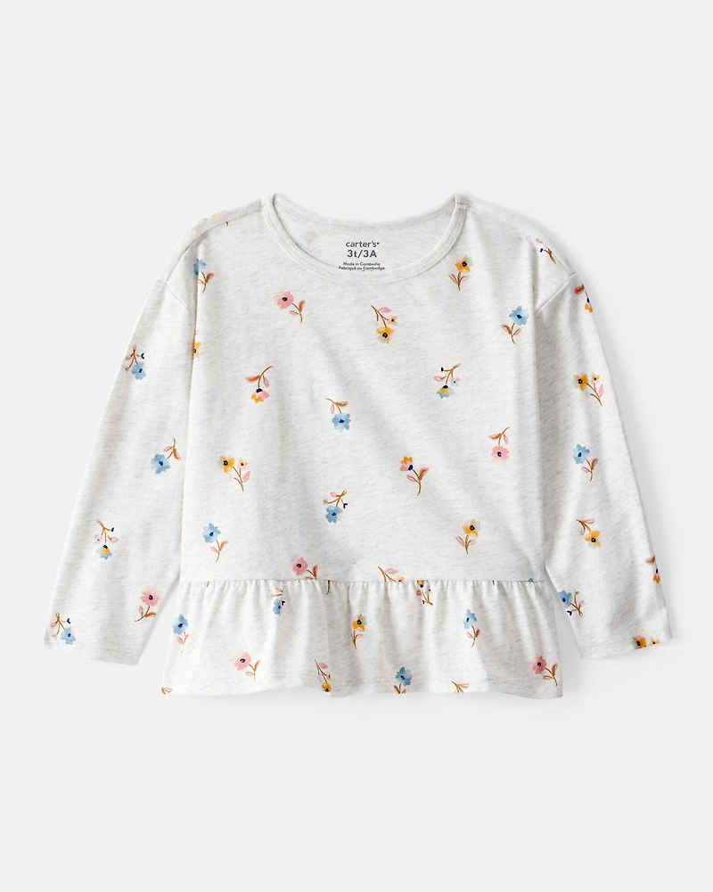 Toddler Girl Floral Long-Sleeve Peplum Top - Grey