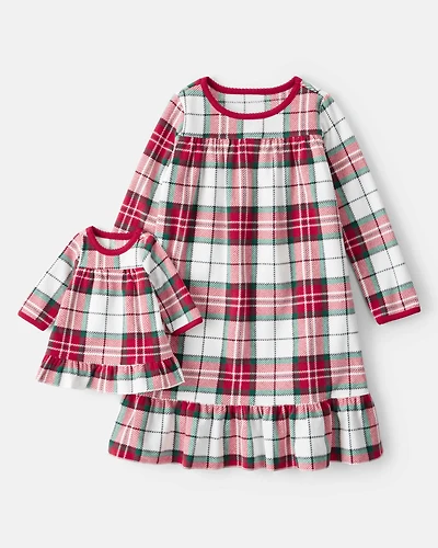 Girls 2-Piece Buffalo Check Print Fleece Long-Sleeve Loose Fit Night Gown & & Matching Doll Gown - Red/White