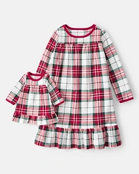 Girls 2-Piece Buffalo Check Print Fleece Long-Sleeve Loose Fit Night Gown & & Matching Doll Gown - Red/White