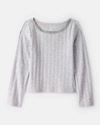 Girls Pointelle Long-Sleeve Top - Grey