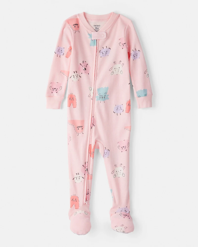Toddler Girl Monster 100% Cotton Snug Fit Footie 1-Piece Pajamas - Pink