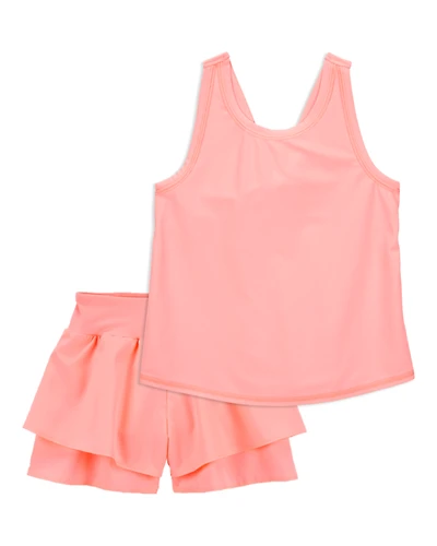 Kid 2-Piece Floral Active Twist Tank & Flowy Layered Flip Short Set - Coral