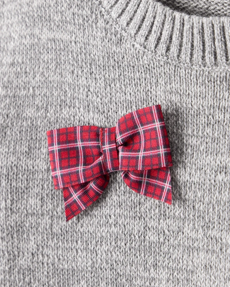 Baby Girl Bow Cotton Long-Sleeve Sweater - Grey