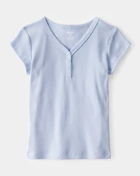 Kid Ribbed Short-Sleeve Henley Shirt - Blue
