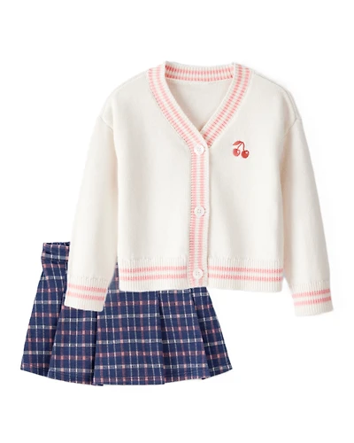 Baby Girl 2-Piece Cherry Long-Sleeve Sweater & Plaid Knit Skort Set - Ivory/Navy