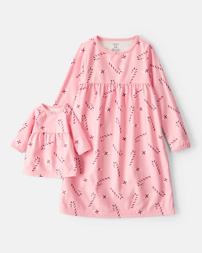 Girls 2-Piece Pink Peppermints Long-Sleeve Loose Fit Night Gown & Matching Doll Gown - Pink