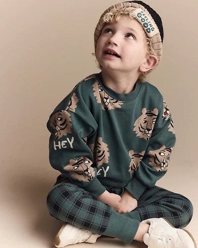 Toddler 'Hey' Tiger Dolman-Sleeve Sweatshirt - Green