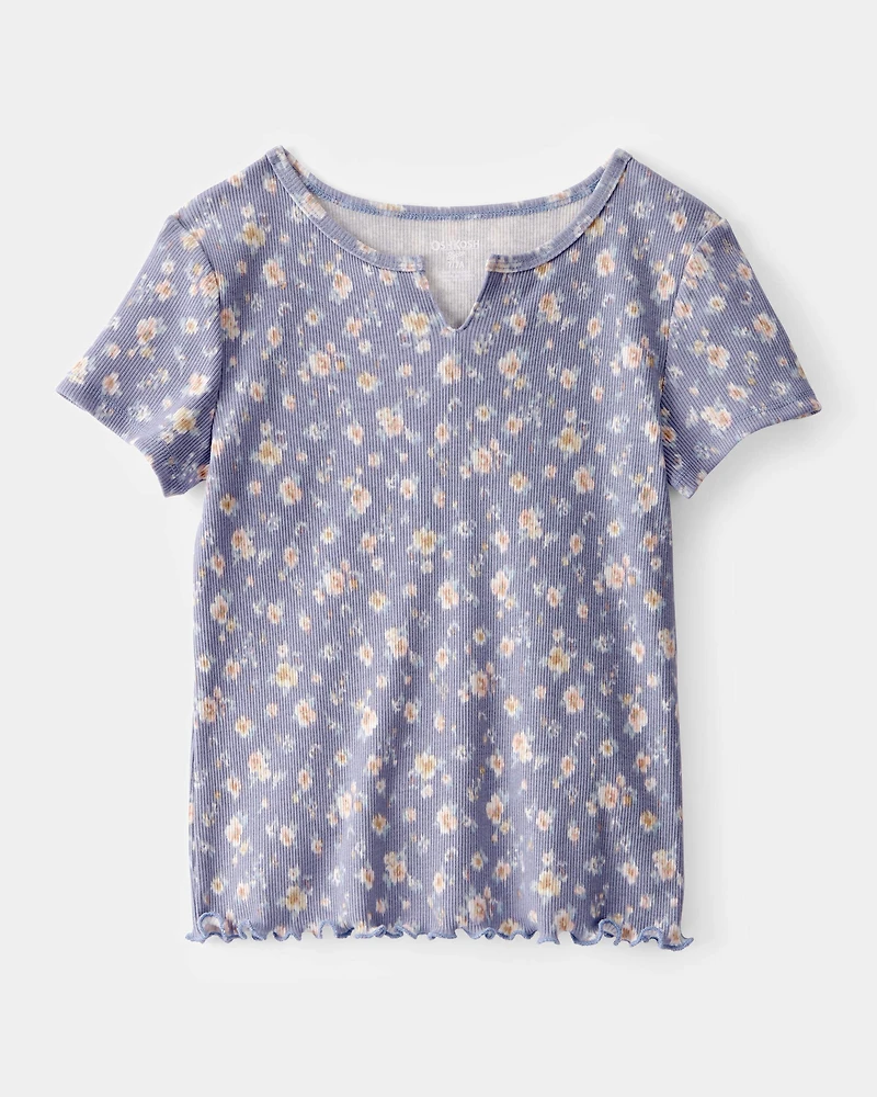 Girls Ribbed Floral Print Short-Sleeve Shirt