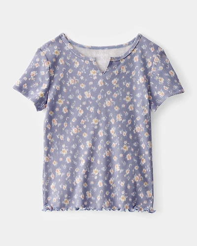 Girls Ribbed Floral Print Short-Sleeve Shirt