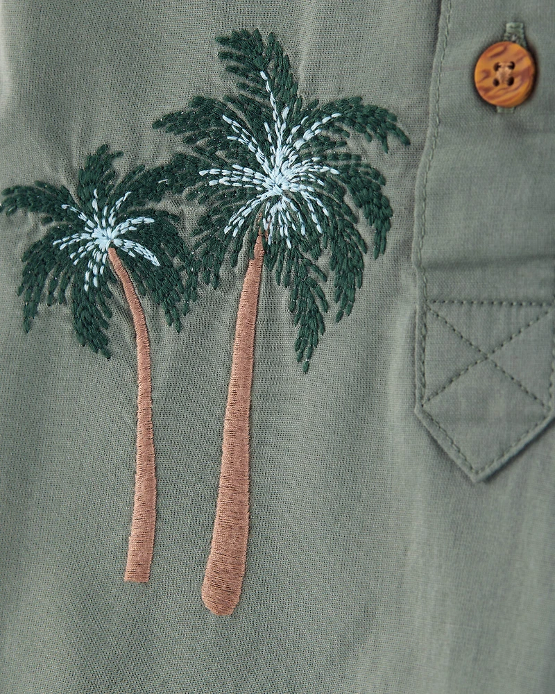 Baby  Palm Tree Print Button-Front Romper-Green