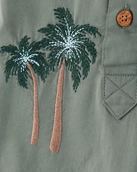 Baby  Palm Tree Print Button-Front Romper-Green