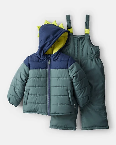 Toddler Boy 2-Piece Dinosaur Hooded Snowsuit Jacket & Bib Set - Green/Blue