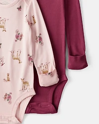Baby Girl 2-Pack Deer & Floral Print PurelySoft Long-Sleeve Multipack Bodysuits - Burgundy/Pink