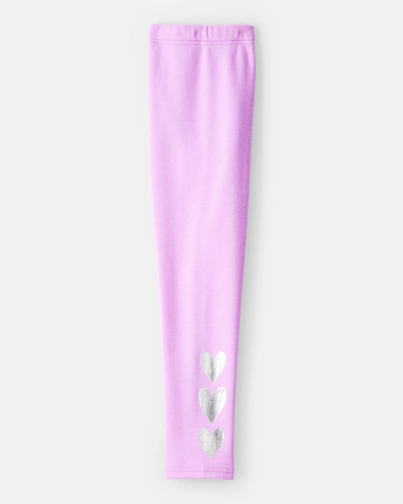 Girls Metallic Heart Pull-On Stretch Cozy Leggings - Purple