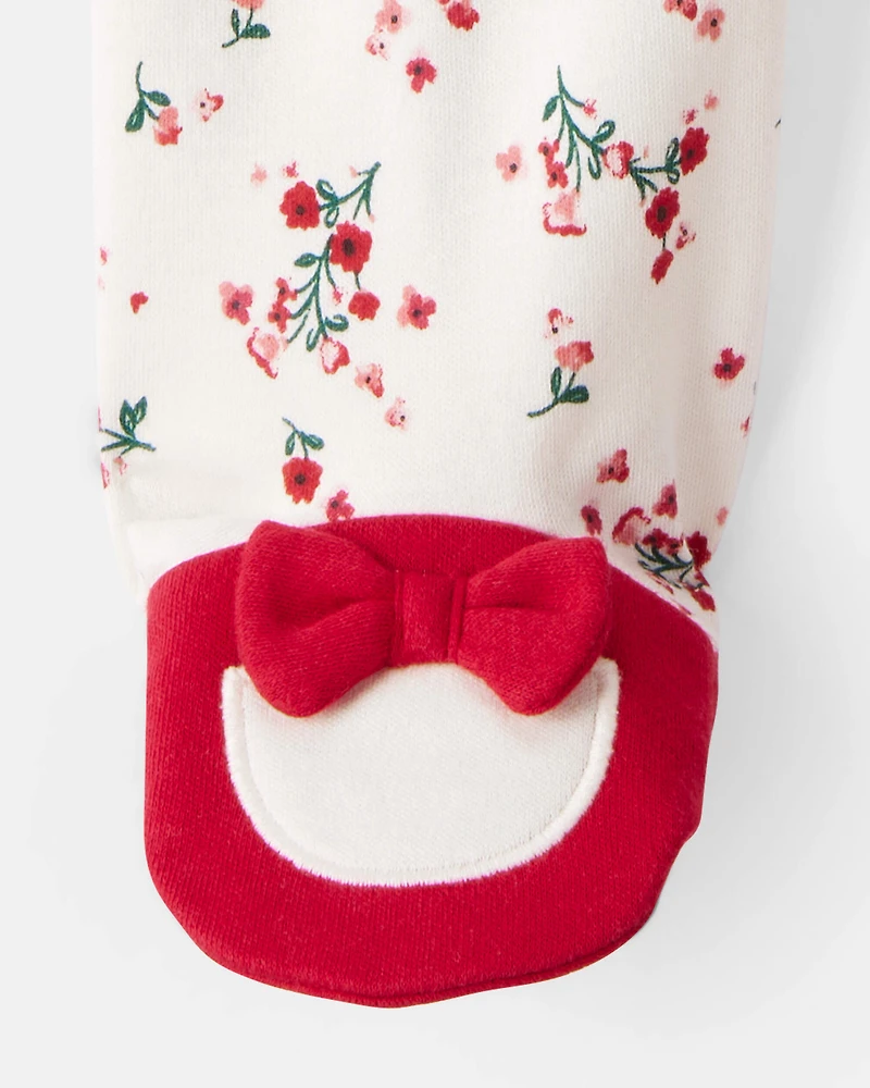 Baby Girl Bow Floral Print 100% Cotton Sleep & Play Pajamas - White/Red