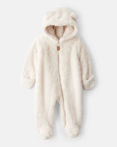 Baby Sherpa Hooded Long-Sleeve Jumpsuit - White