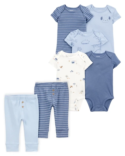 Baby 7-Piece Short-Sleeve Bodysuits & Pull-On Pants Set - Blue