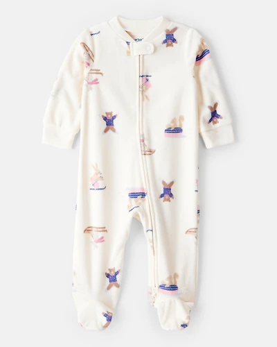 Baby Girl Animal Ski Print Loose Fit Long-Sleeve Sleep & Play Pajamas - Cream