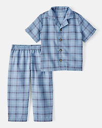 Toddler 2-Piece Plaid Coat Style Loose Fit Pajamas - Blue